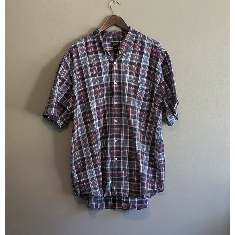 GH Bass Shirt Mens XL Purple Plaid Short Sleeve Button Up Lightweight Oversized